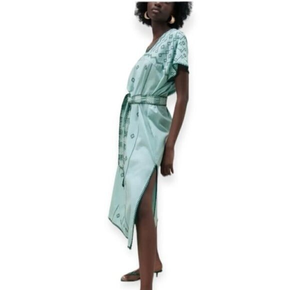 ZARA Bloggers Fav V- Neck Linen Embroidered Caftan Dress Tie Waist Size L NEW - Picture 6 of 13